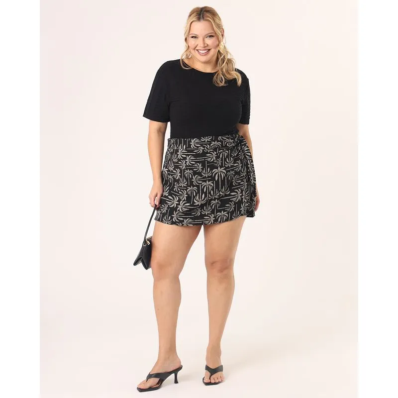 Short Saia Plus Size Feminino Estampado Preto G2