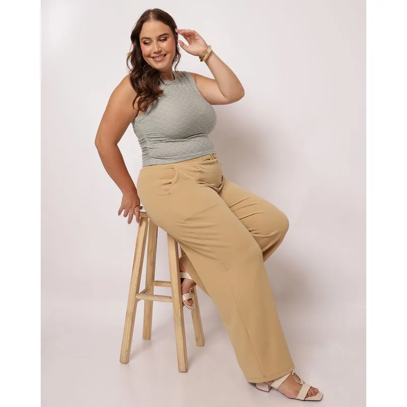 Calça Plus Size Feminina Crepe com Detalhe Frontal Bege G1