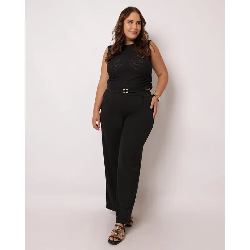 Calça Plus Size Feminina Crepe com Detalhe Frontal Preta G2