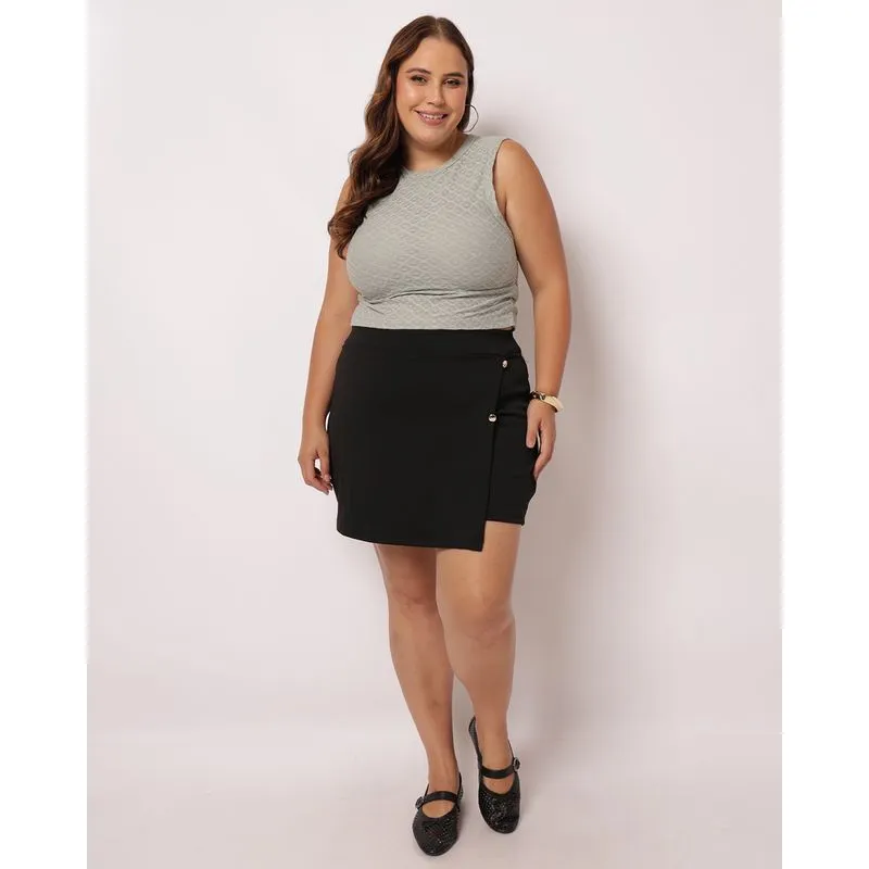 Short Saia Plus Size Feminino Abertura Frontal e Botões Preto G2