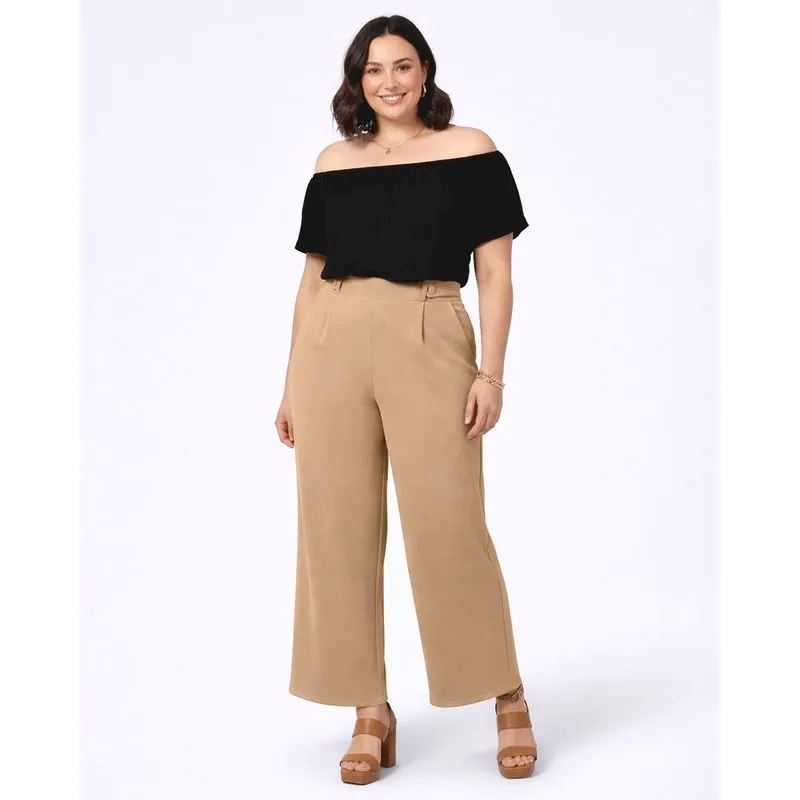 Calça Plus Size Feminina Crepe Pantalona com Pregas Bege G1