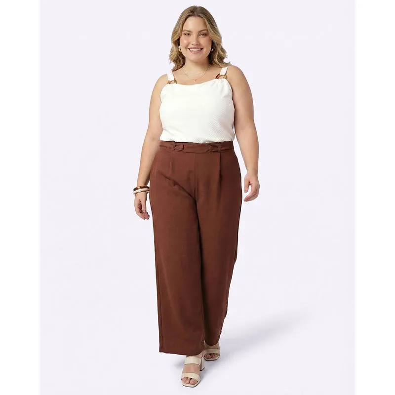 Calça Plus Size Feminina Crepe Pantalona com Pregas Marrom G1