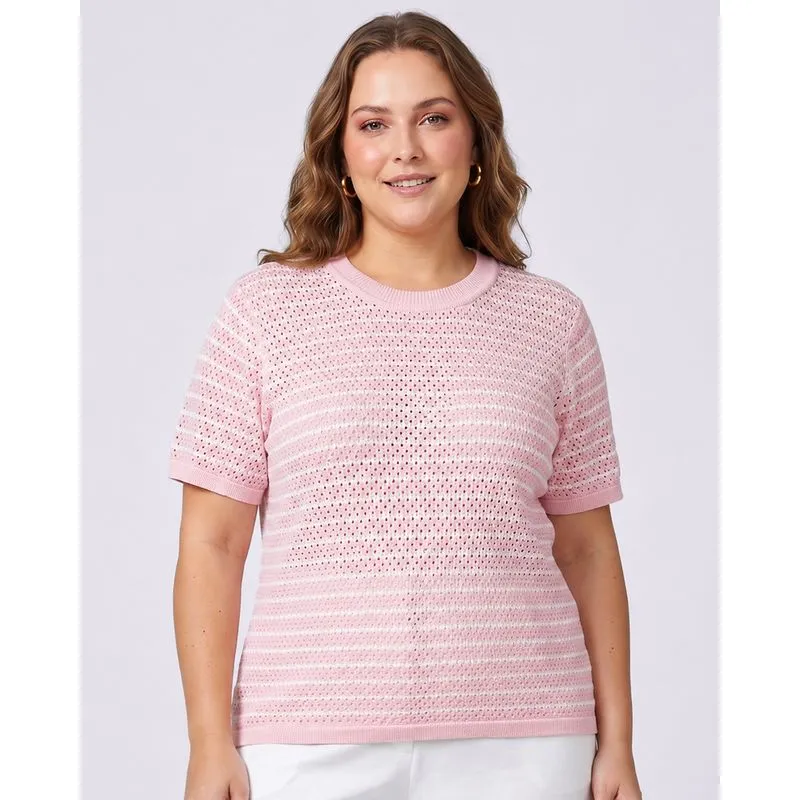 Blusa Plus Size Feminina Tricô Listrada Rosa G1