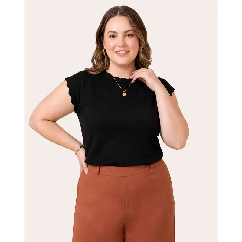 Blusa Plus Size Feminina Tricô Manga Curta Preta G1