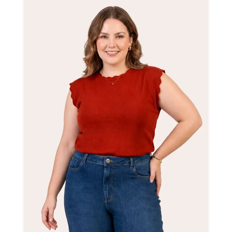 Blusa Plus Size Feminina Tricô Manga Curta Terracota G1