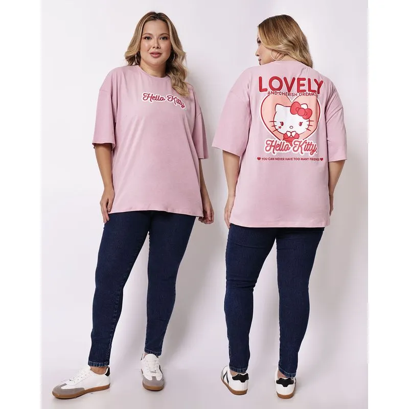 Camiseta Plus Size Feminina Estampa Frente e Costas Hello Kitty Rosa G1