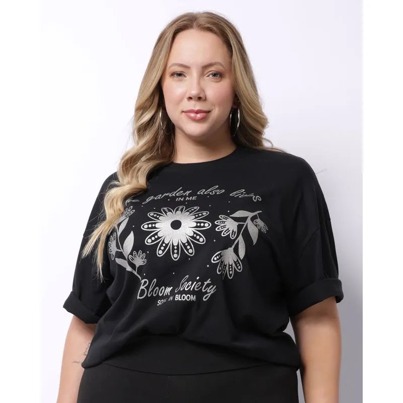 Camiseta Plus Size Feminina Algodão Estampa Floral Preta G3