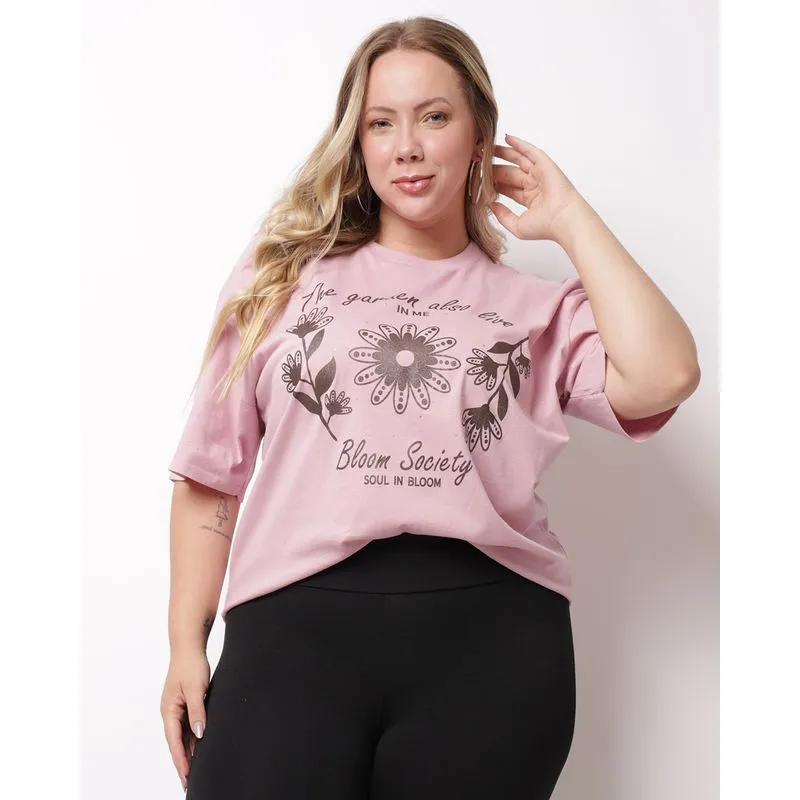 Camiseta Plus Size Feminina Algodão Estampa Floral Rosa G3