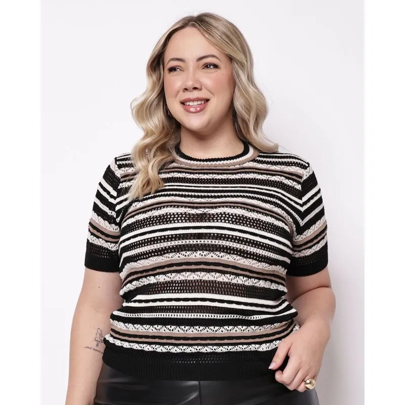 Blusa Plus Size Feminina Tricô Listrado Manga Curta Preta G3