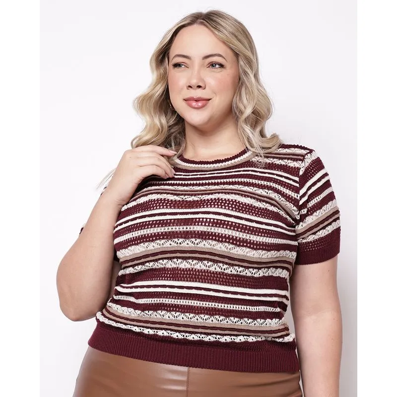 Blusa Plus Size Feminina Tricô Listrado Manga Curta Vinho G2