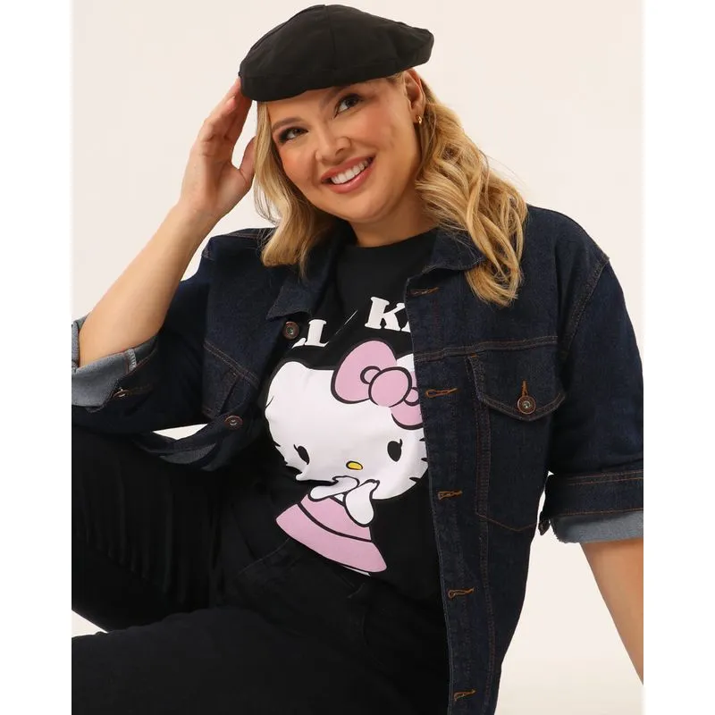 Camiseta Plus Size Feminina Hello Kitty Manga Curta Preta G2
