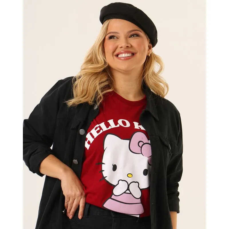 Camiseta Plus Size Feminina Estampa Hello Kitty Vinho G1