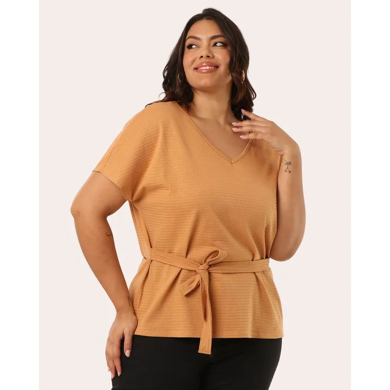 Blusa Plus Size Feminina Algodão com Amarração Bege G2