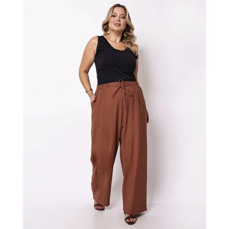 Calça Pantalona Plus Size Feminina com Bolsos Marrom G2