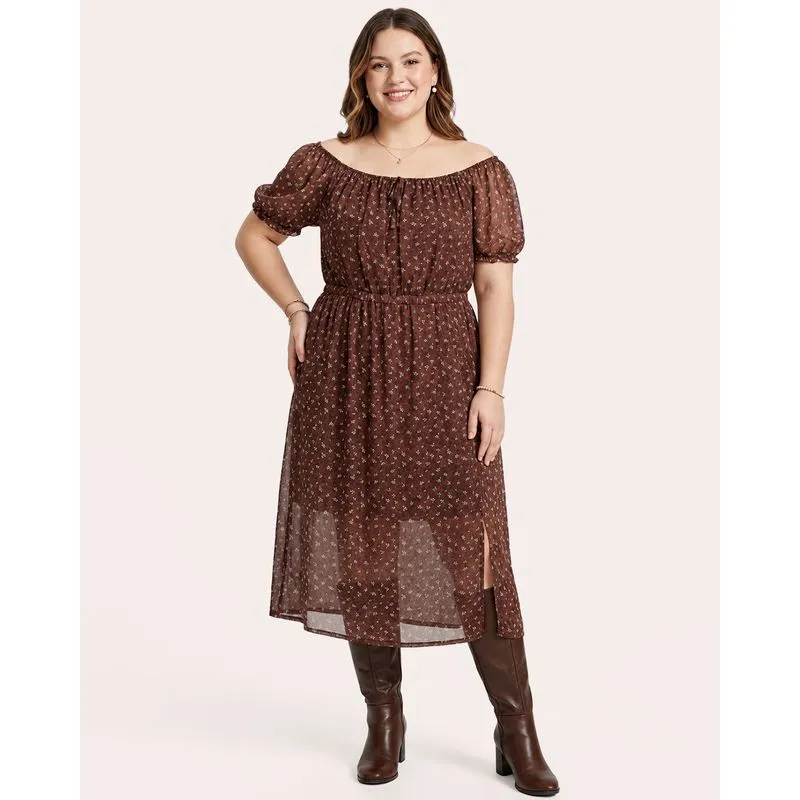 Vestido Plus Size Feminino Midi Tule Floral Marrom G1
