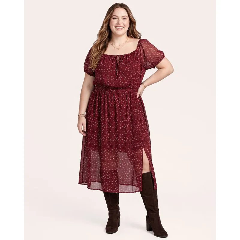 Vestido Plus Size Feminino Midi Tule Floral Vinho G3