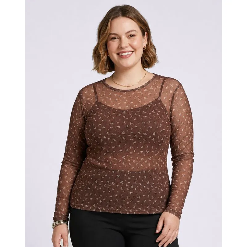 Blusa Plus Size Tule Manga Longa Floral Marrom G3