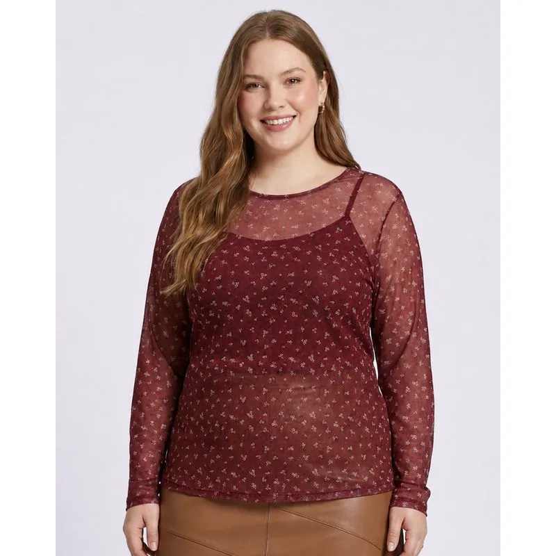 Blusa Plus Size Tule Manga Longa Floral Vinho G1
