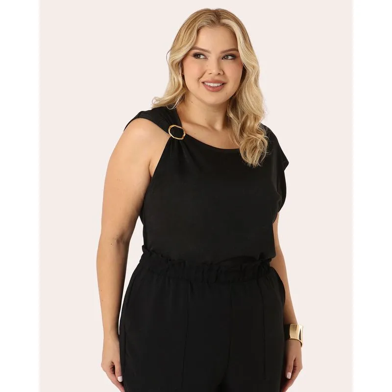 Blusa Plus Size Feminina com Aviamento Manga Curta Preto G3