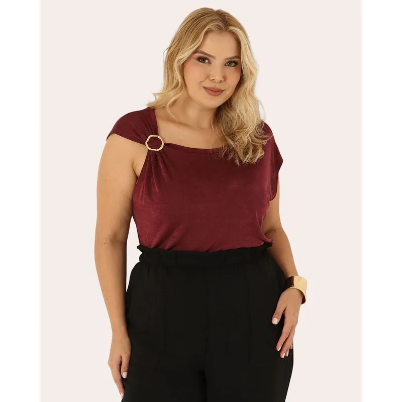 Blusa Plus Size Feminina com Aviamento Manga Curta Vinho G5