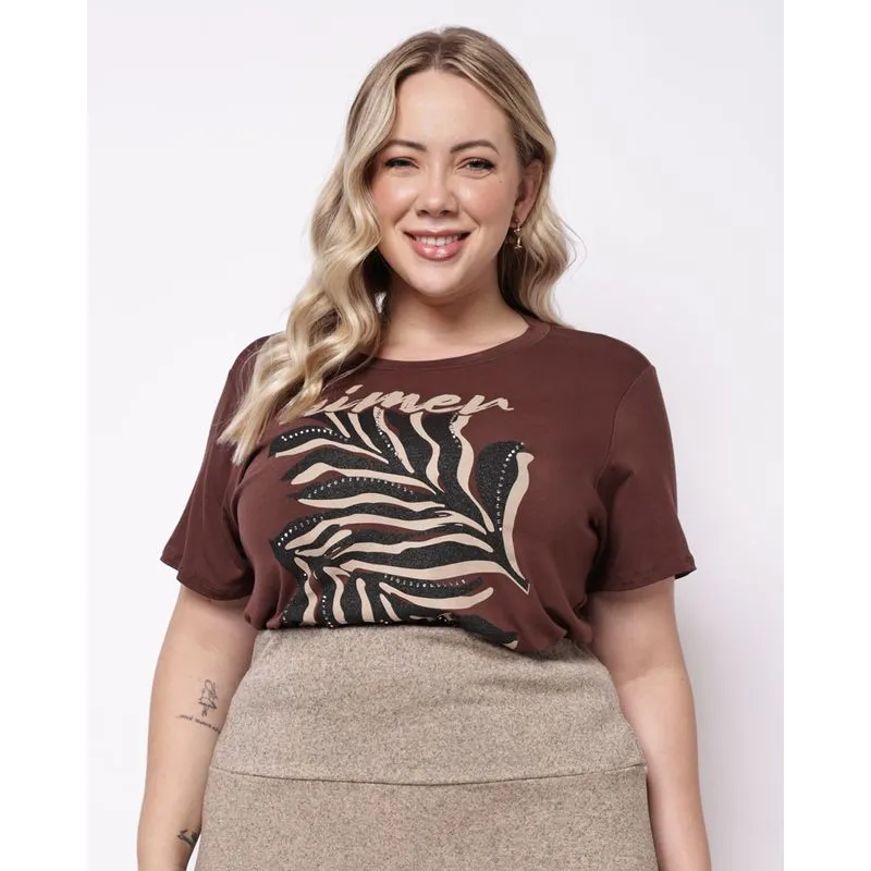 Camiseta Feminina Plus Size com Estampa Strass Manga Curta Marrom G3