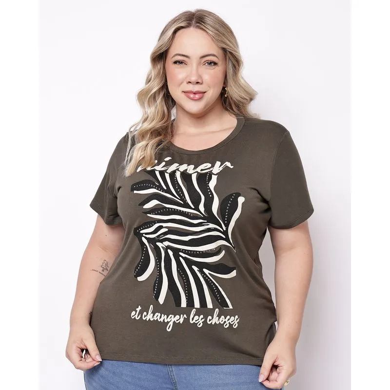 Camiseta Feminina Plus Size com Estampa Strass Manga Curta Verde G3