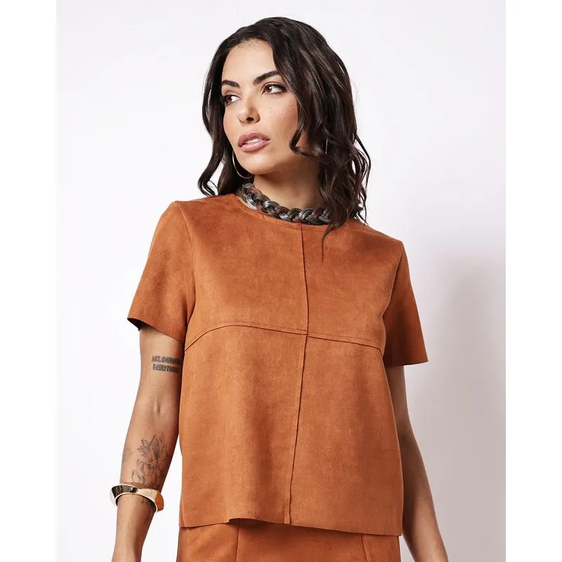 Blusa Feminina Berry & Co. Suede Manga Curta Terracota M
