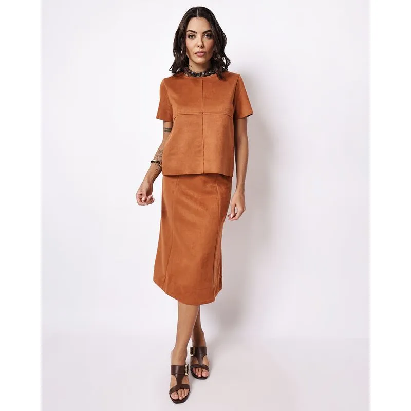 Saia Feminina Berry & Co. Suede Midi Cós Com Elástico Terracota M