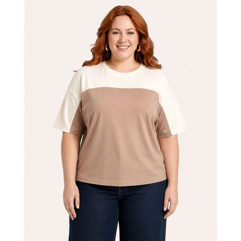 Blusa Plus Size Feminina Bicolor Manga Curta Bege G2