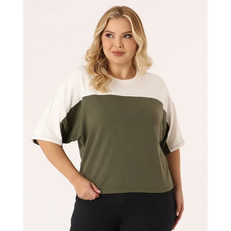 Blusa Plus Size Feminina Bicolor Manga Curta Verde G1