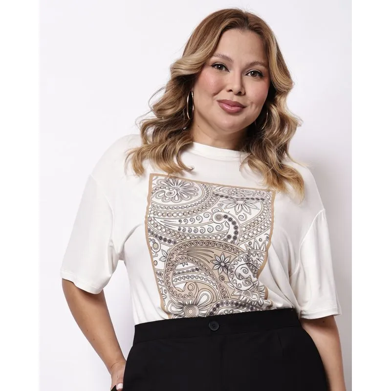 Blusa Plus Size Feminina Estampa Floral Manga Curta Off White G1