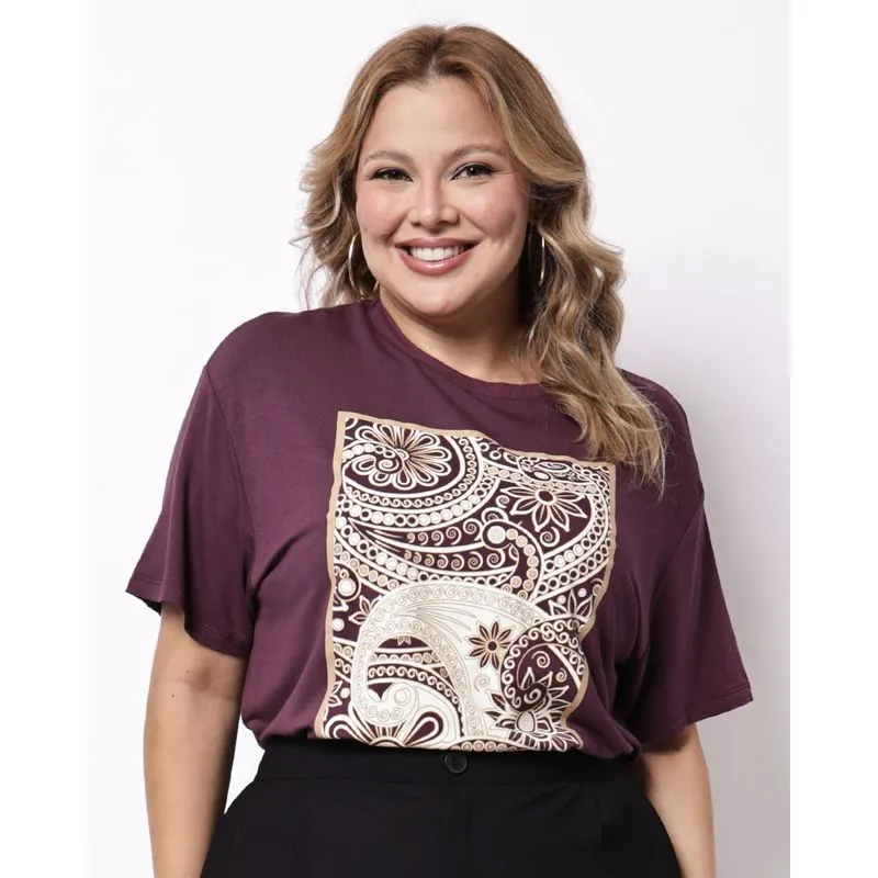Blusa Plus Size Feminina Estampa Étnica Manga Curta Vinho G1