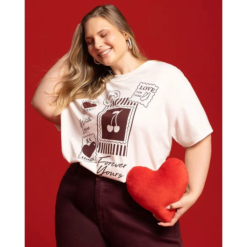 Camiseta Plus Size Feminina Algodão Estampa Cereja Off White G2