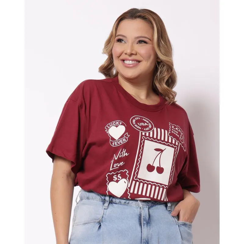 Camiseta Plus Size Feminina Estampa Cereja Vinho G2