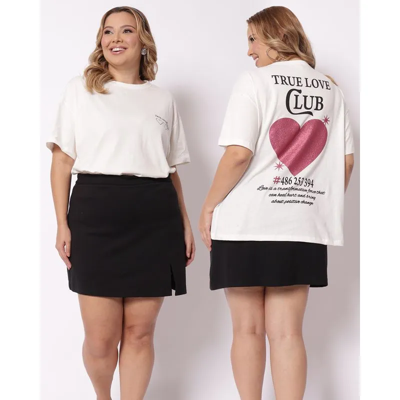 Camiseta Plus Size Feminina Algodão Estampa True Love Off White G1