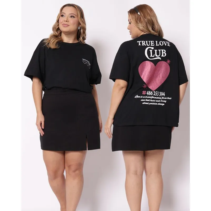 Camiseta Plus Size Feminina Algodão Estampa True Love Preto G3