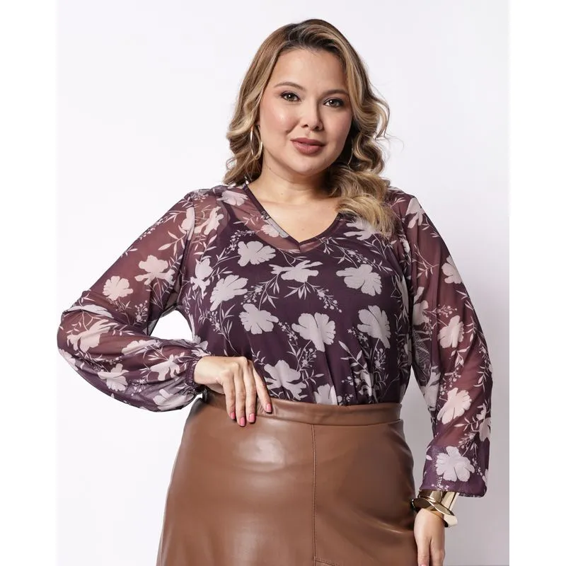 Bata Plus Size Feminina Tule Floral Manga Longa Vinho G1