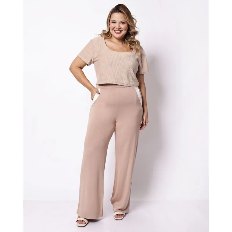 Calça Plus Size Feminina Pantalona Bicolor com Bolsos Bege G3