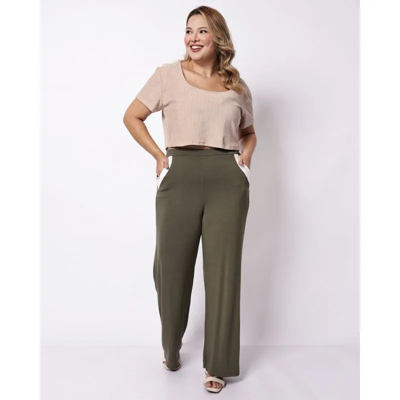 Calça Plus Size Feminina Pantalona Bicolor com Bolsos Verde G3