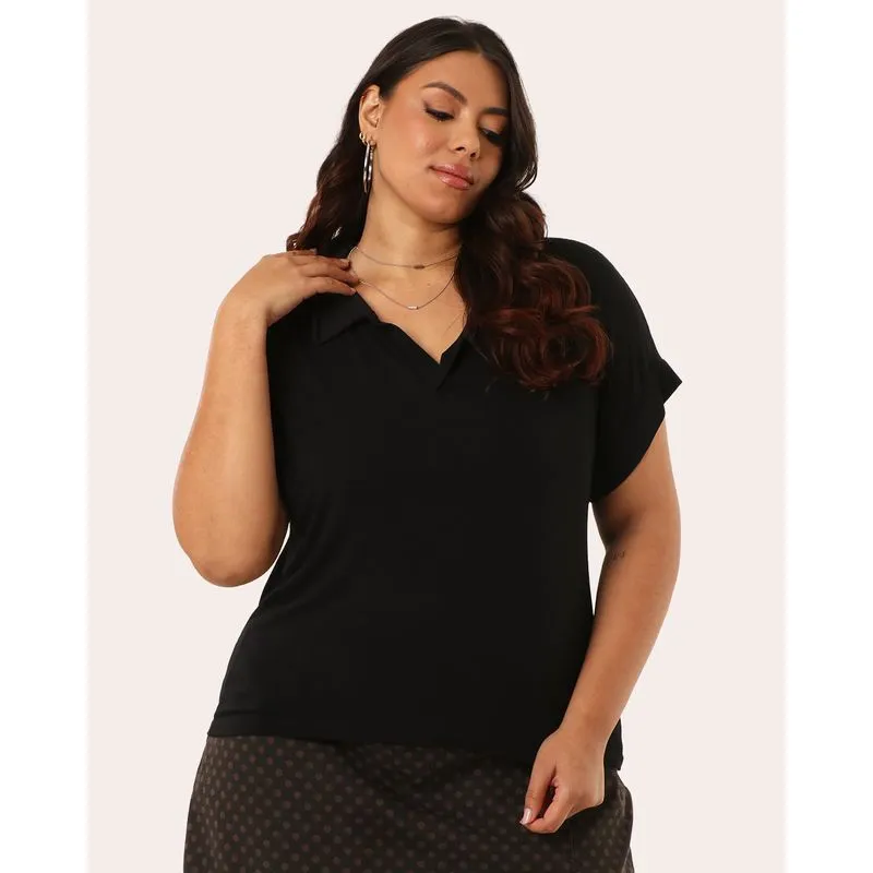 Blusa Polo Feminina Viscose Manga Curta Preta G4