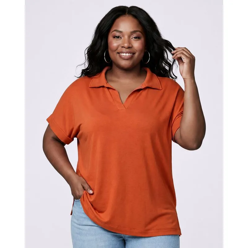 Blusa Polo Feminina Plus Size Manga Curta Terracota G2