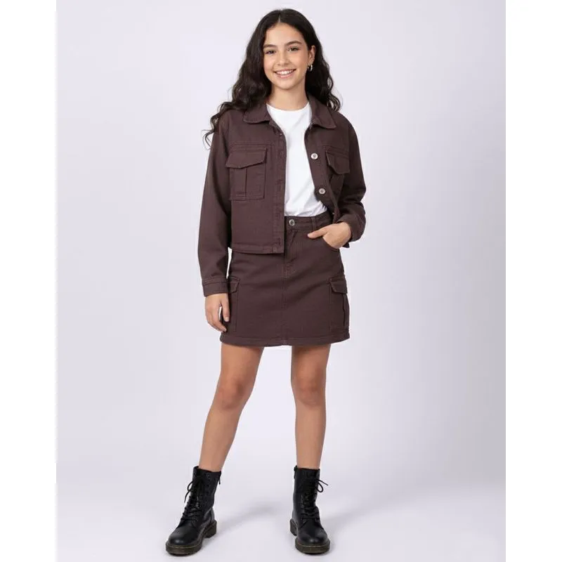 Short Saia Sarja Juvenil com Bolsos Cargo Marrom 10