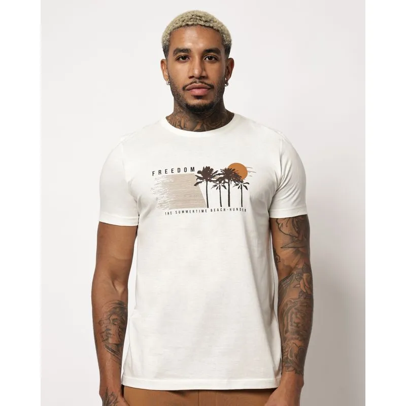 Camiseta Masculina Algodão Estampa Frontal Manga Curta Off White P