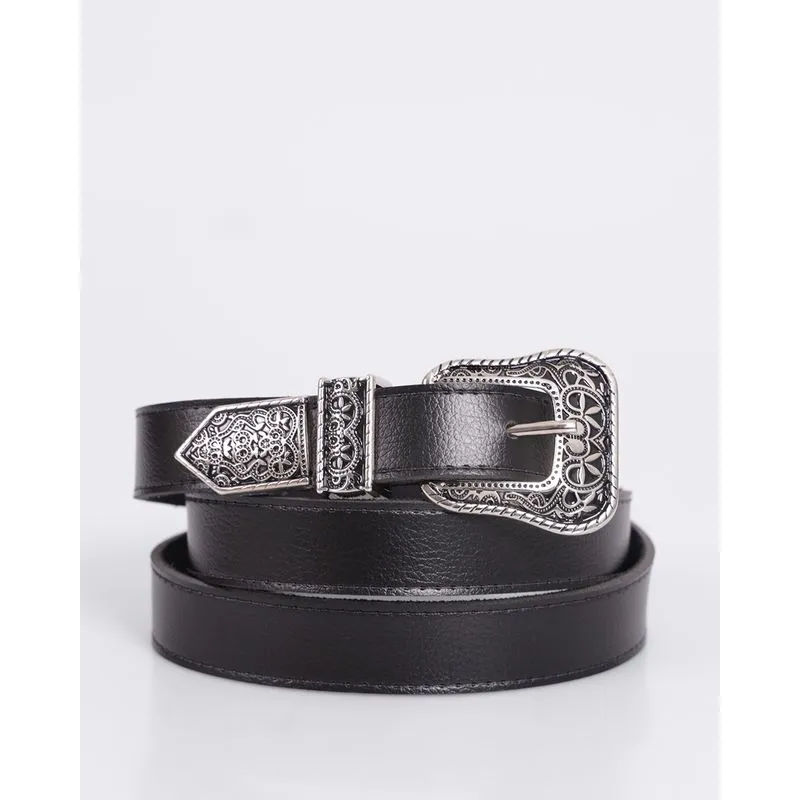 Cinto Feminino Fivela Trabalhada com Ponteira Preto GG