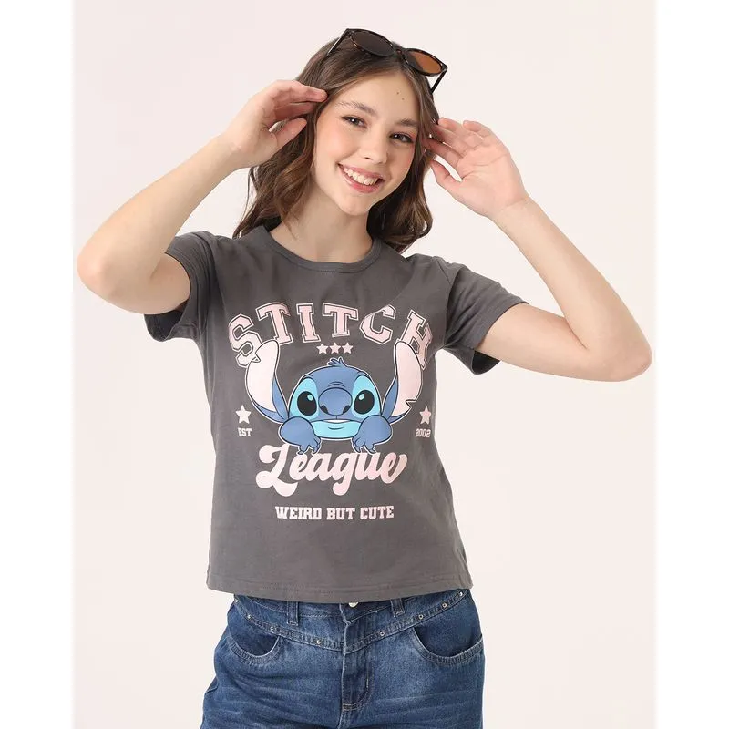 Blusa Juvenil Algodão Estampa Stich Disney Manga Curta Cinza 16