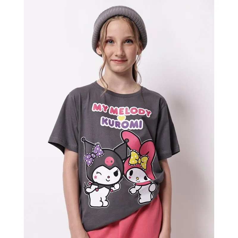 Camiseta Juvenil Algodão Estampa My Melody e Kuromi Cinza 16