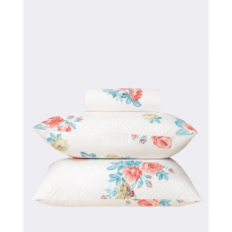 Kit Colcha Casal 3 Peças Arte & Cazza Estampada Floral Branca UN