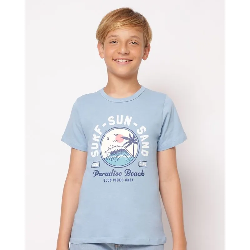 Camiseta Juvenil Algodão Estampa Tropical Manga Curta Azul 12