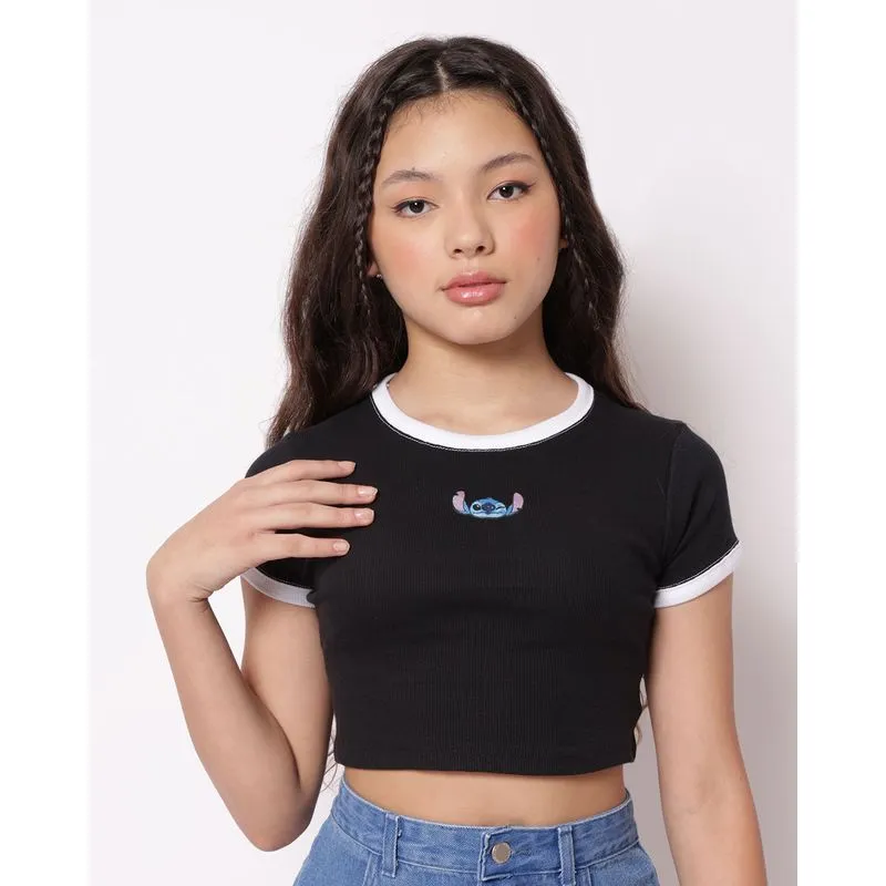 Camiseta Juvenil Cropped Canelada Disney Stitch Preta 12