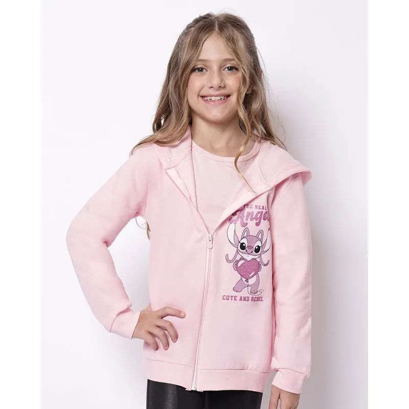 Jaqueta Moletom Infantil Disney Angel com Capuz Rosa 6